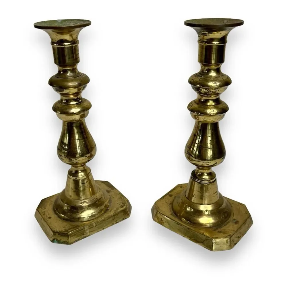 Vintage Pair Brass Candlestick Holders Heavy Patina Set 2 Approx 8.5 Inch Tall